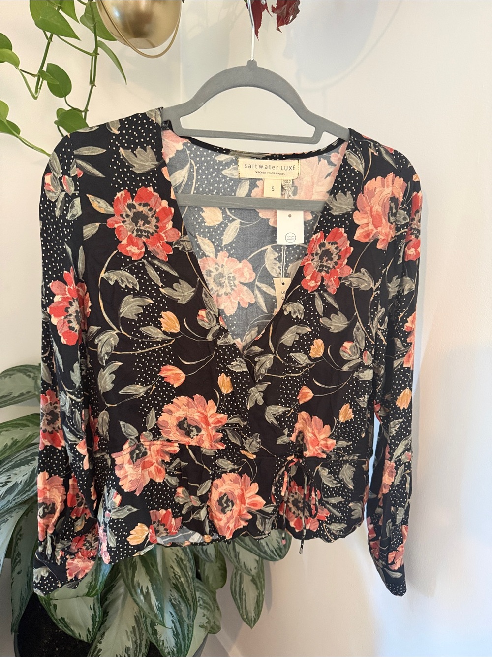 saltwater LUXE Black Floral Wrap Top with Pink & Coral Blooms